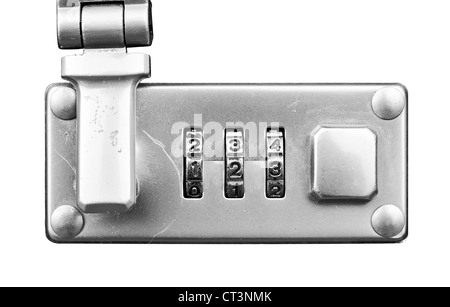 Macro of  suitcase or travel bag combination lock isolated over white - dials set to 123,  Shallow Focus Stock Photo
