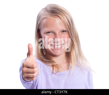 Happy Young Girl Giving Thumbs-up - Isolated on White Stock Photo