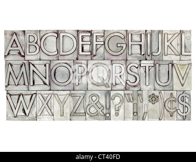 English alphabet, dollar, cent and punctuation signs in vintage metal type Stock Photo