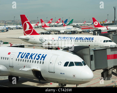 Turkish Airlines planes at Ataturk international airport in Istanbul Turkey Stock Photo