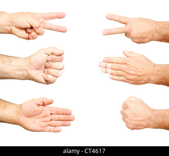 Closeup of hands making: Rock, paper, scissors isolated on white Stock Photo