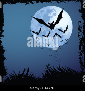 illustrations of halloween night with bats flying over blue moon, with ...