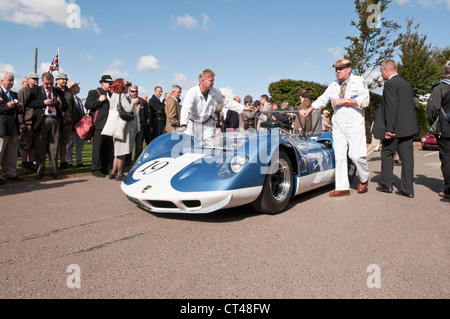 Classic racing cars being pushed to the starting grid, Goodwood Revival 2010. This is the Robert Bosch Special II. Stock Photo