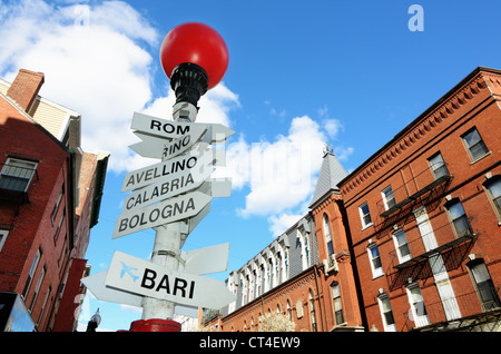 Sign depicting direction of different Italian Cities in the LIttle Italy section of the North End of Boston, Massachusetts, USA. Stock Photo