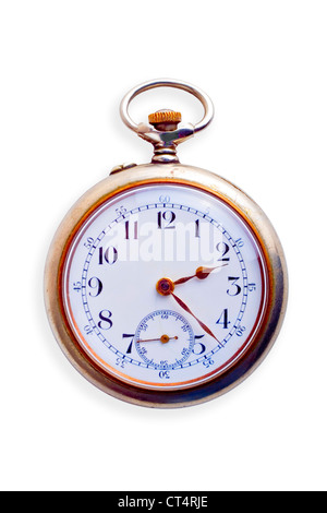 19th Century pocket watch, showing signs of age, isolated on white. Concepts of nostalgia, sense of time,ageing,time passing, Stock Photo