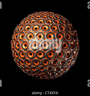 three dimensional sphere made of orange speakers - isolated on black Stock Photo