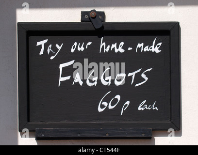 Blackboard sign advertising home made faggots outside café, UK Stock Photo