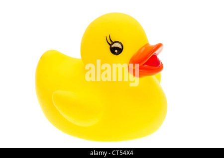 Close up on a yellow rubber duck - studio shot with a white background