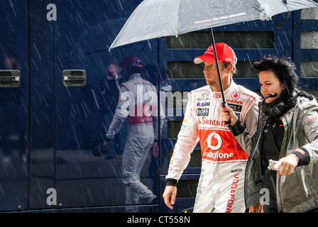 Jenson Button in the rain. British Formula 1 Grand Prix, Silverstone, 2012 Stock Photo