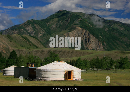 Yurts accomodation in Altay Region, Siberia, Russia Stock Photo