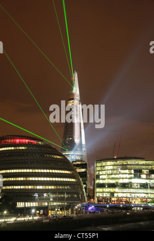 The highest building in Europe, The Shard, in London lit up with Lazer lights to celebrate its opening Stock Photo