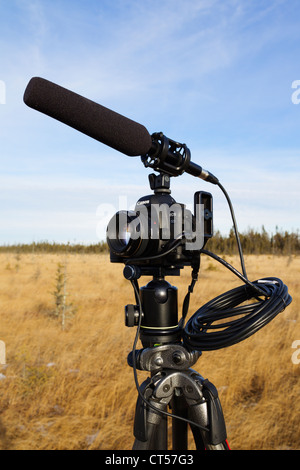 A DSLR camera with video functionality mounted on a tripod with a shotgun microphone. Stock Photo