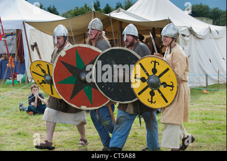 Raudr Vagur viking battle re-enactment group perform display at Chetwynd, Newport, Shropshire, July 2012. Stock Photo