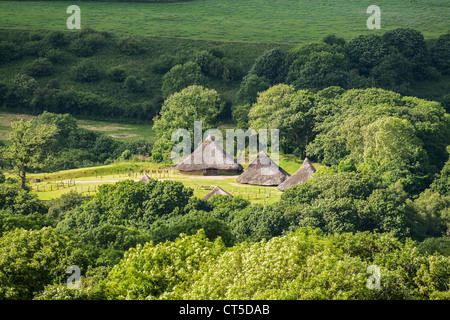 Castell Henllys reconstructed iron age hill fort and round houses, Pembrokeshire Wales UK Stock Photo