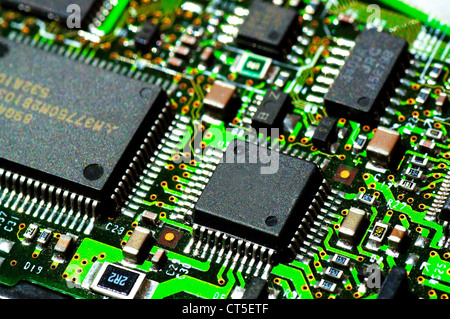 Microchips on a circuit board Stock Photo