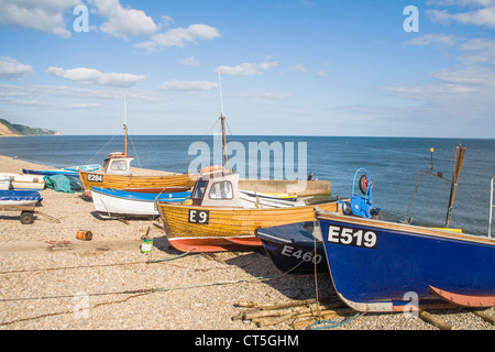 Blue and brown fishing boats on the shingle beach at Sidmouth, Devon, England, UK Stock Photo