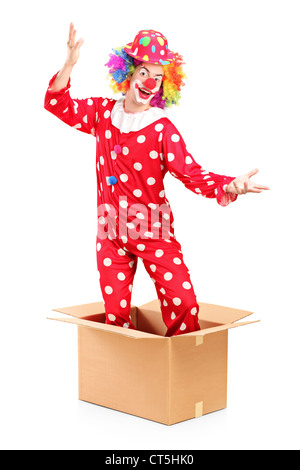 A smiling clown coming out of a cardboard box isolated on white background Stock Photo