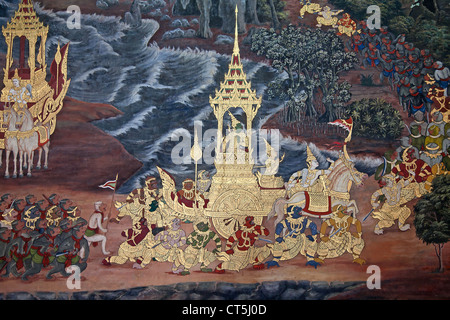 Mural painting on the walls of Emerald Buddha Temple in Bangkok, Thailand Stock Photo