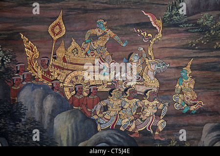 Mural painting on the walls of Emerald Buddha Temple in Bangkok, Thailand Stock Photo