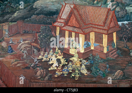 Mural painting on the walls of Emerald Buddha Temple in Bangkok, Thailand Stock Photo