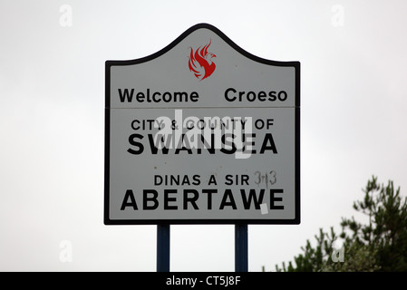 A Welcome to Swansea sign on Fabian Way, south Wales, UK Stock Photo