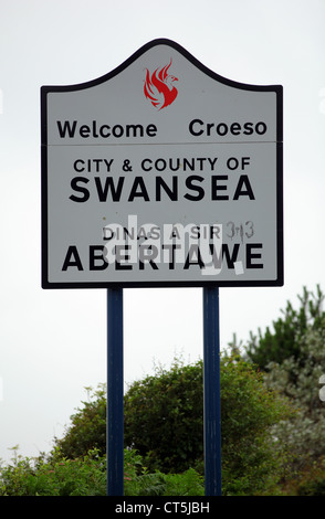 A Welcome to Swansea sign on Fabian Way, south Wales, UK Stock Photo