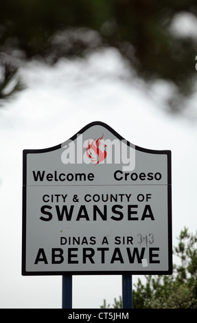 A Welcome to Swansea sign on Fabian Way, south Wales, UK Stock Photo