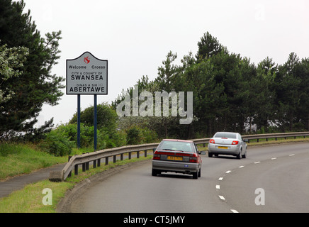 A Welcome to Swansea sign on Fabian Way, south Wales, UK Stock Photo