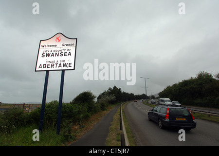 A Welcome to Swansea sign on Fabian Way, south Wales, UK Stock Photo