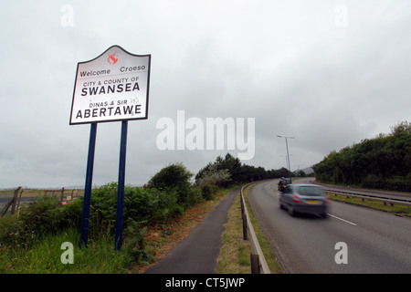 A Welcome to Swansea sign on Fabian Way, south Wales, UK Stock Photo