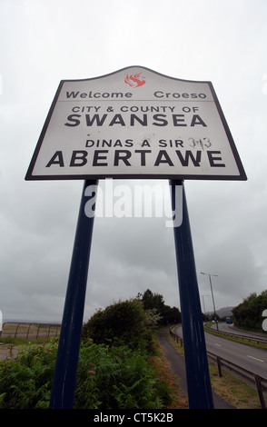 A Welcome to Swansea sign on Fabian Way, south Wales, UK Stock Photo