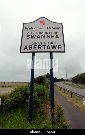 A Welcome to Swansea sign on Fabian Way, south Wales, UK Stock Photo