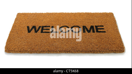 overhead view of a hessian straw hemp welcome mat isolated on white Stock Photo