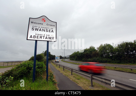 A Welcome to Swansea sign on Fabian Way, south Wales, UK Stock Photo