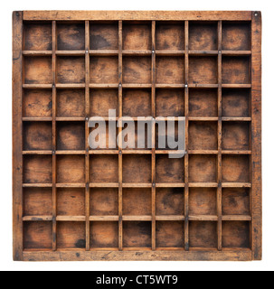 vintage wood printer (typesetter) drawer with numerous dividers, isolated on white Stock Photo