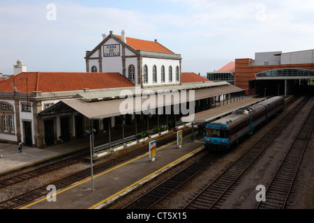 View over railway station and platforms, Viana do Castelo , northern Portugal Stock Photo