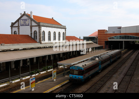 View over railway station and platforms, Viana do Castelo , northern Portugal Stock Photo