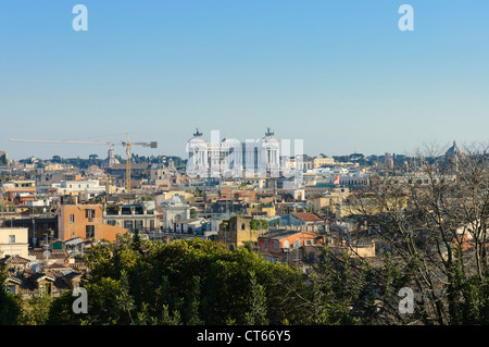 view of Rome from Pincio hill at sunset with the war memorials monument on the background., Italy Stock Photo