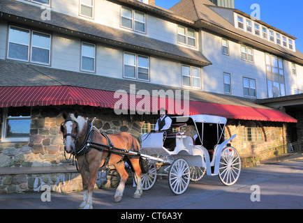 A one-horse carriage awaits passengers in front of the Inn at Pocono Manor Stock Photo