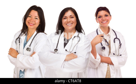 Three Hispanic Female Doctors or Nurses Isolated on a White Background. Stock Photo