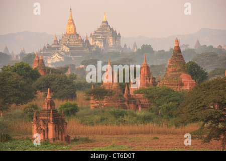 Temples of Bagan in morning mist, Bagan Archaeological Zone, Mandalay region, Myanmar, Southeast Asia Stock Photo