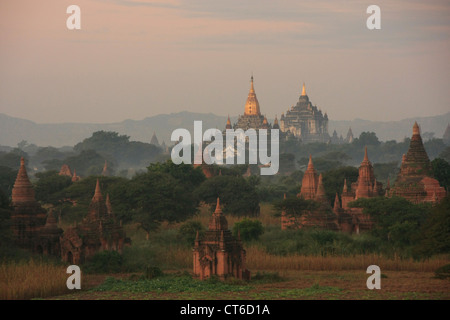 Temples of Bagan in morning mist, Bagan Archaeological Zone, Mandalay region, Myanmar, Southeast Asia Stock Photo