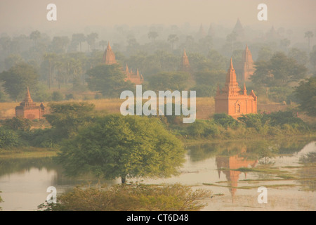 Temples of Bagan in morning mist, Bagan Archaeological Zone, Mandalay region, Myanmar, Southeast Asia Stock Photo