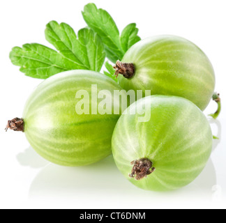 Gooseberries with leaves on white background. Stock Photo