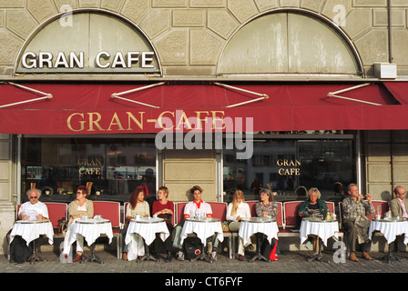 Street Cafe on the River Limmat in Switzerland Stock Photo