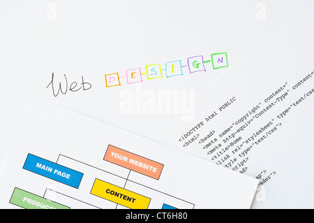 Website project with handwriting, diagram, and html Stock Photo
