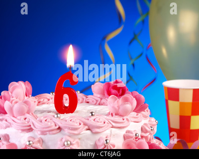 Birthday-anniversary cake with red candles showing Nr. 6 Stock Photo