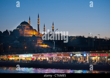 Türkei, Istanbul, Eminönü, Galatabrücke und Süleymaniye Moschee. Stock Photo