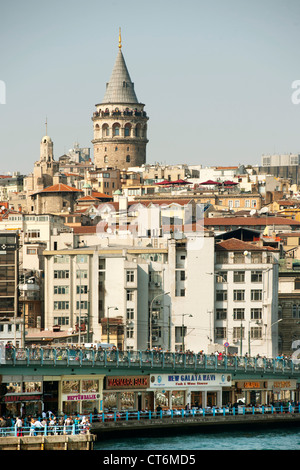 Türkei, Istanbul, Beyoglu, Blick auf die Galatabrücke, Karaköy und den Galataturm. Stock Photo