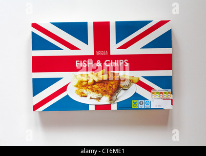 pack of Marks & Spencer Fish & Chips ready meal with Union Jack packaging isolated on white background Stock Photo